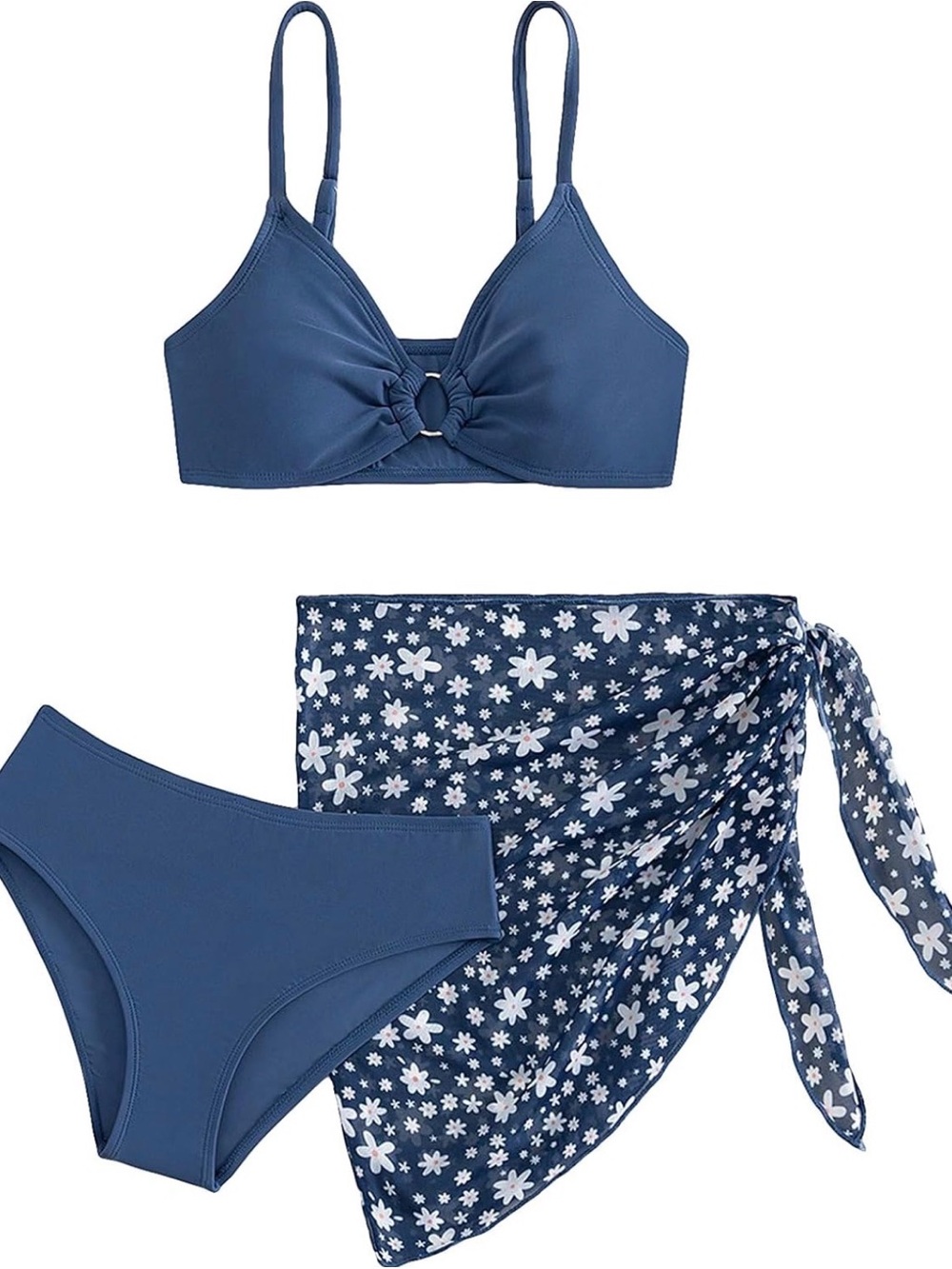 Teen (junior) Navy Blue Three-Piece Bikini Set with Floral Sarong